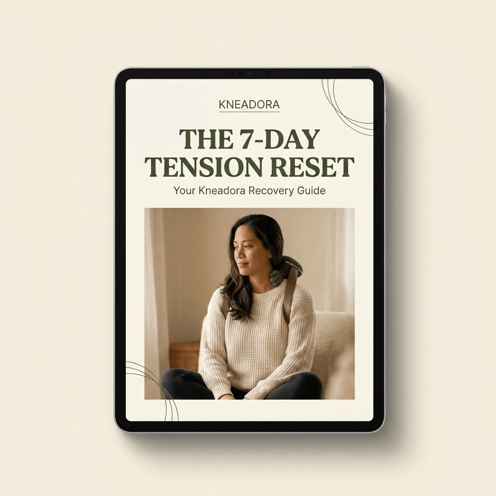 A digital guide cover for 'The 7-Day Tension Reset' by Kneadora, displayed on a tablet mockup against a warm beige background.